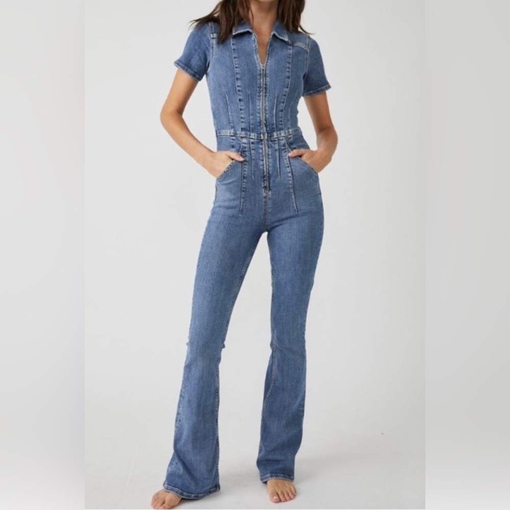 Free People We The Free Jean Jayde Flare Denim Jumpsuit Sunburst Blue One Piece